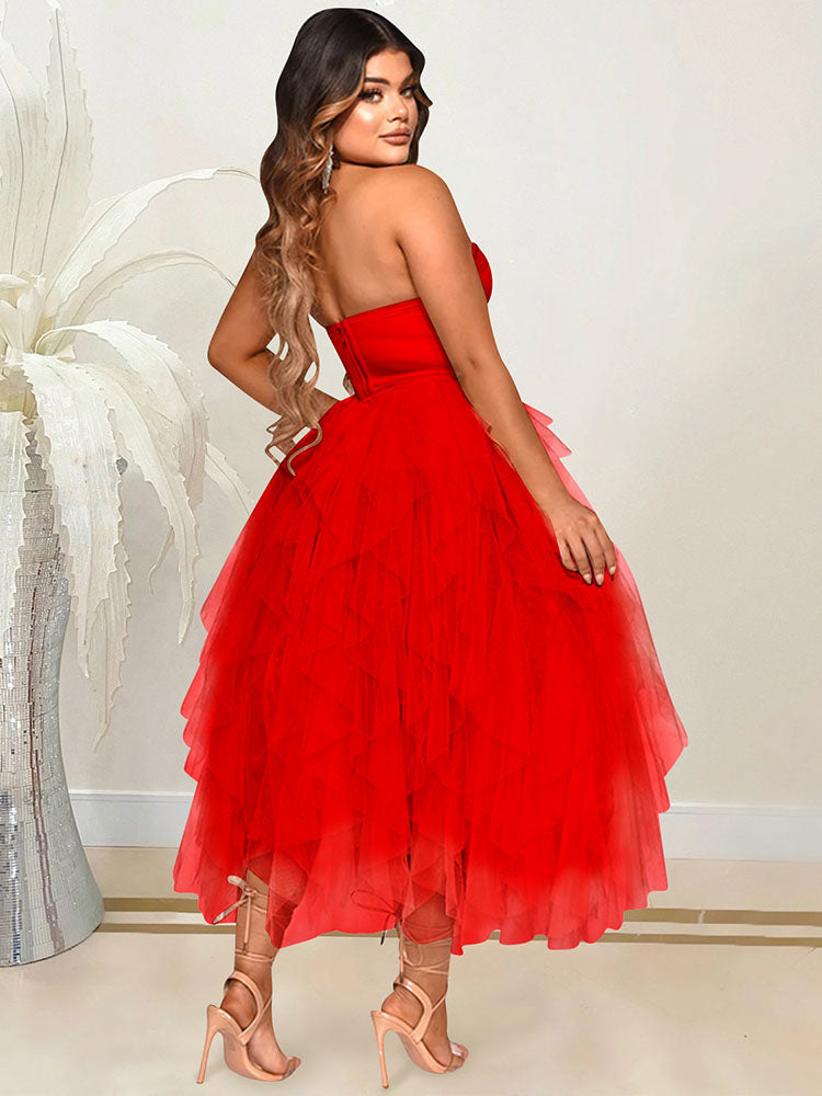 Rhinestone Tube Tulle Prom Midi Dress