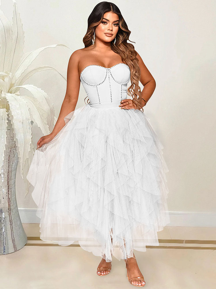 Rhinestone Tube Tulle Prom Midi Dress