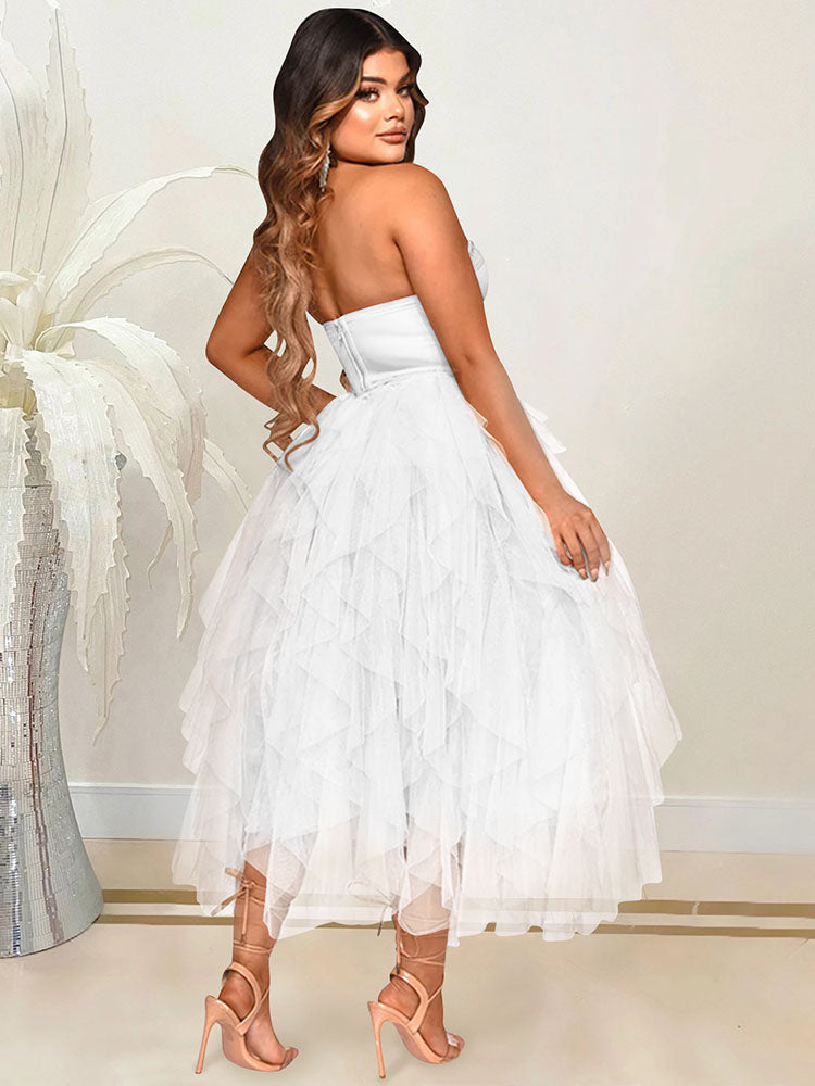 Rhinestone Tube Tulle Prom Midi Dress