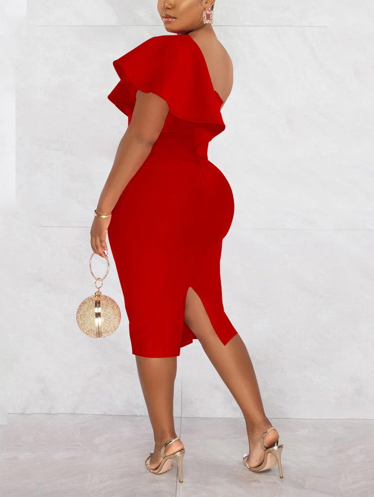 Ruffle Slit Evening Dress