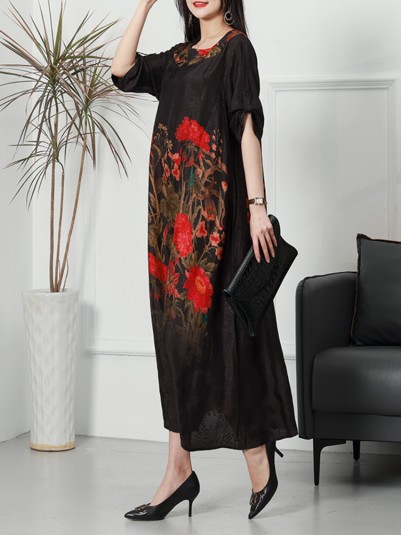 Women's Summer Rayon Round Neck Flowers Print Loose Midi-Dress