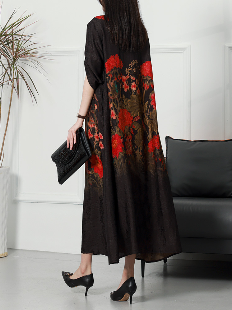 Women's Summer Rayon Round Neck Flowers Print Loose Midi-Dress