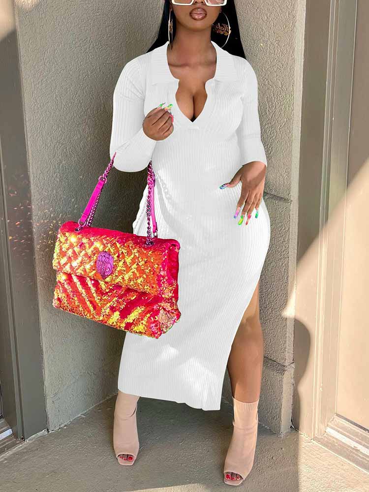 Ribbed Slit Bodycon Midi Dress