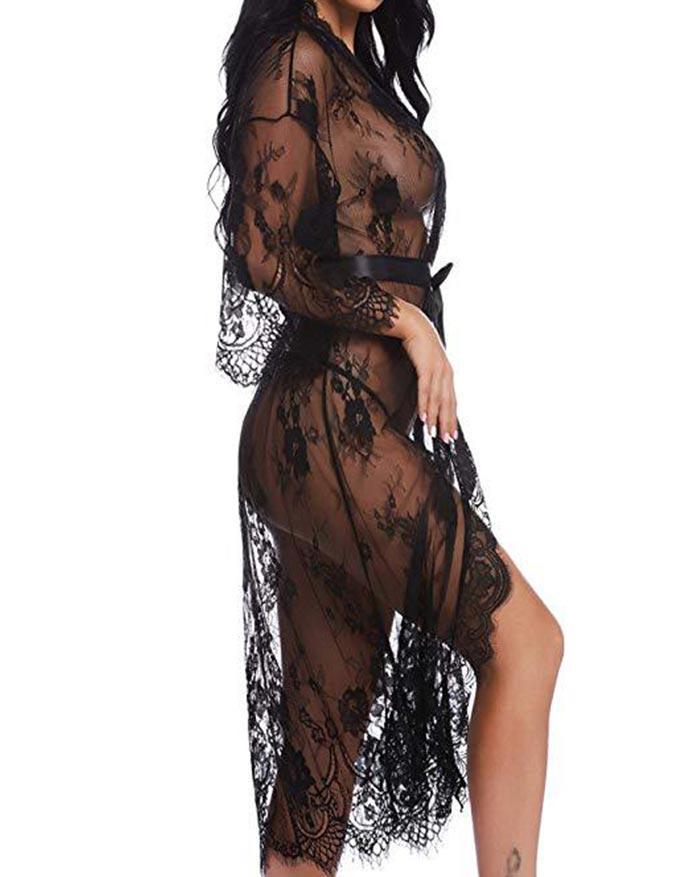 Lace Eyelash Belt Nightgown Sleepwear Lingerie