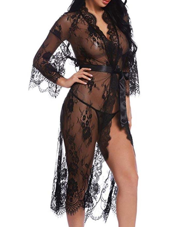 Lace Eyelash Belt Nightgown Sleepwear Lingerie