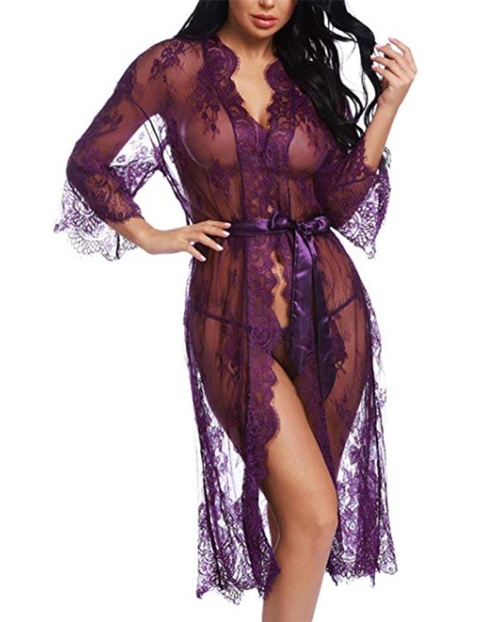 Lace Eyelash Belt Nightgown Sleepwear Lingerie