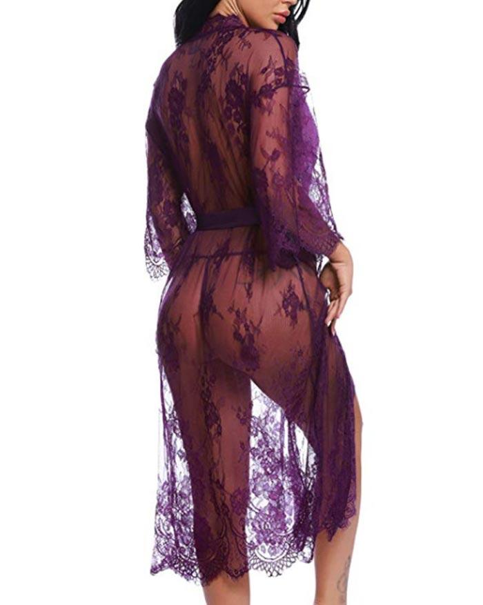 Lace Eyelash Belt Nightgown Sleepwear Lingerie