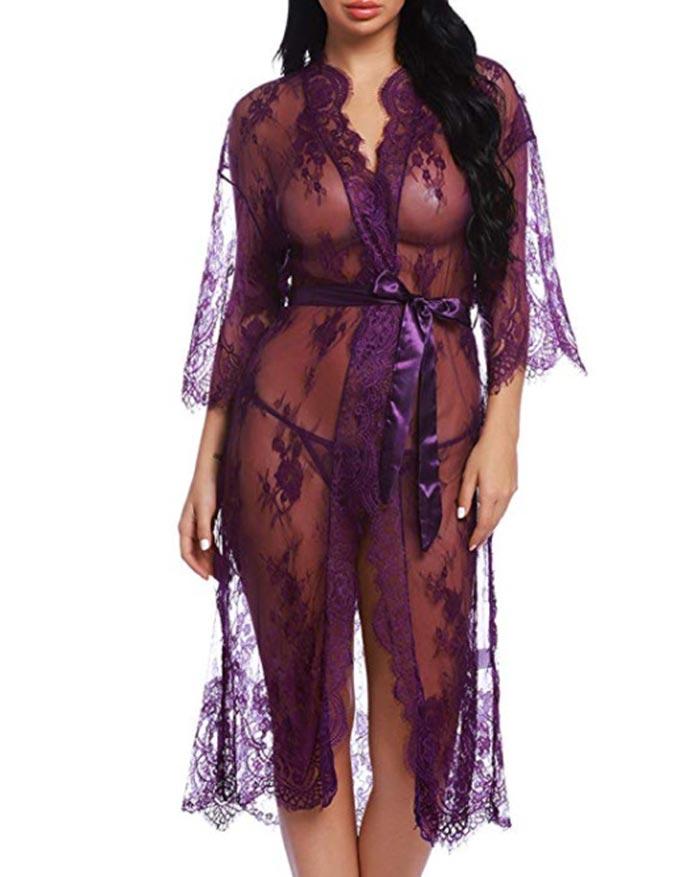 Lace Eyelash Belt Nightgown Sleepwear Lingerie