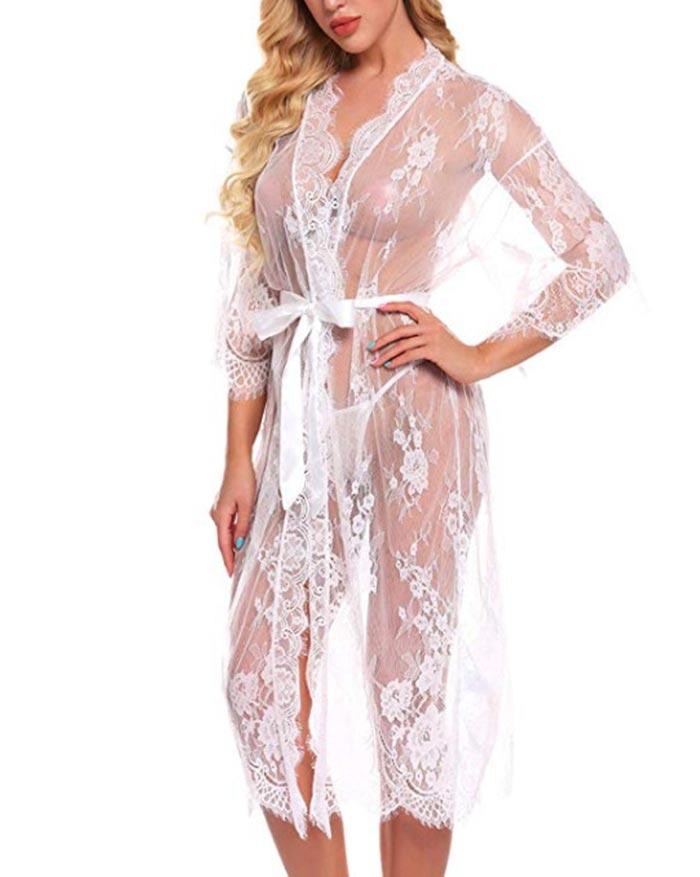 Lace Eyelash Belt Nightgown Sleepwear Lingerie