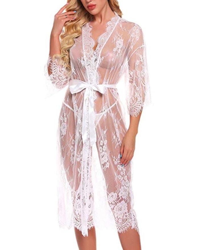 Lace Eyelash Belt Nightgown Sleepwear Lingerie