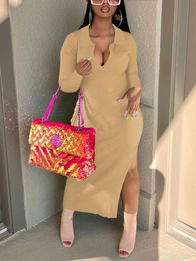 Ribbed Slit Bodycon Midi Dress