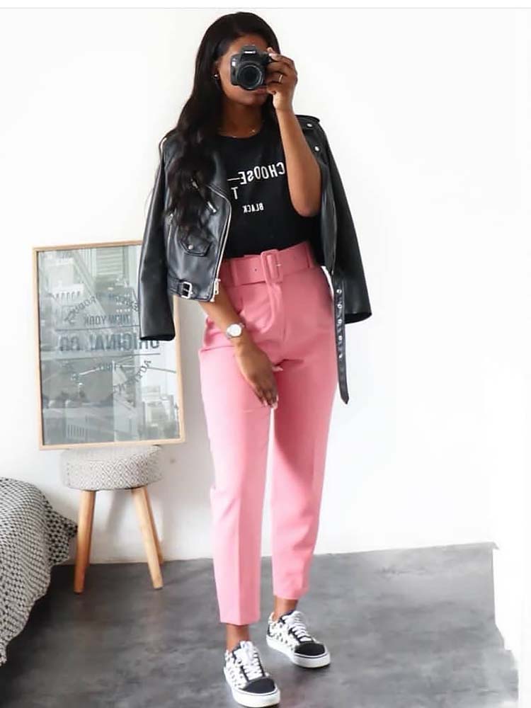 Solid Color Belted Pencil Pants