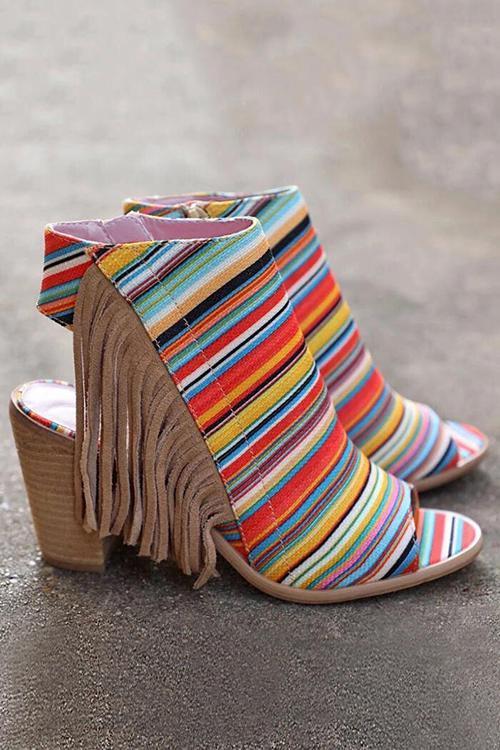 Colorful Striped Fringe Zipper Peep Toe Heels