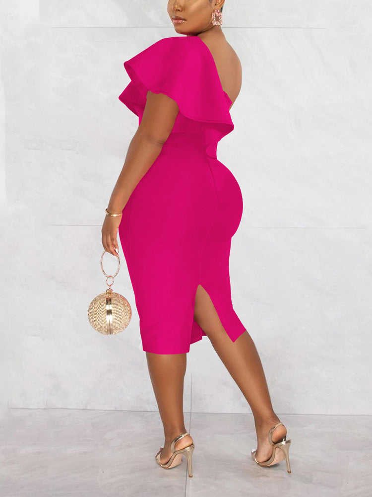 Ruffle Slit Evening Dress
