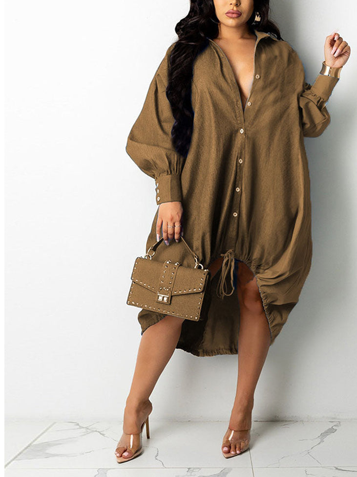 Turndown Collar Long Sleeve Shirt Dress