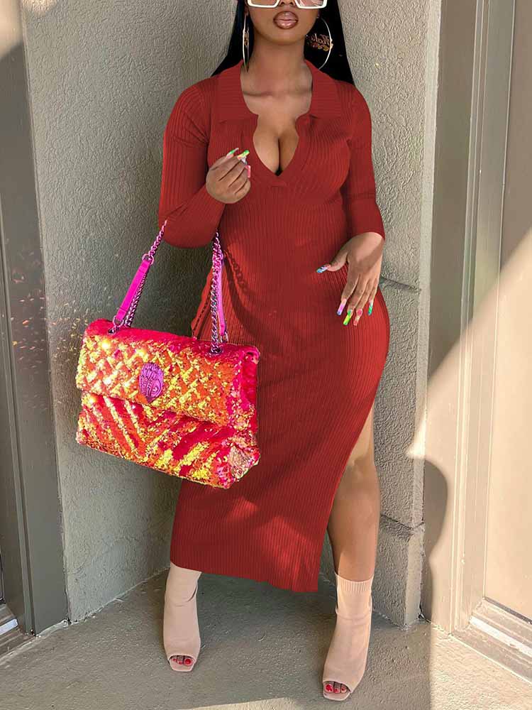Ribbed Slit Bodycon Midi Dress