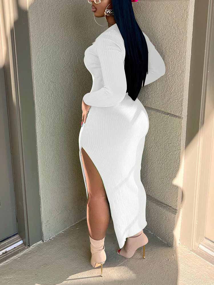Ribbed Slit Bodycon Midi Dress