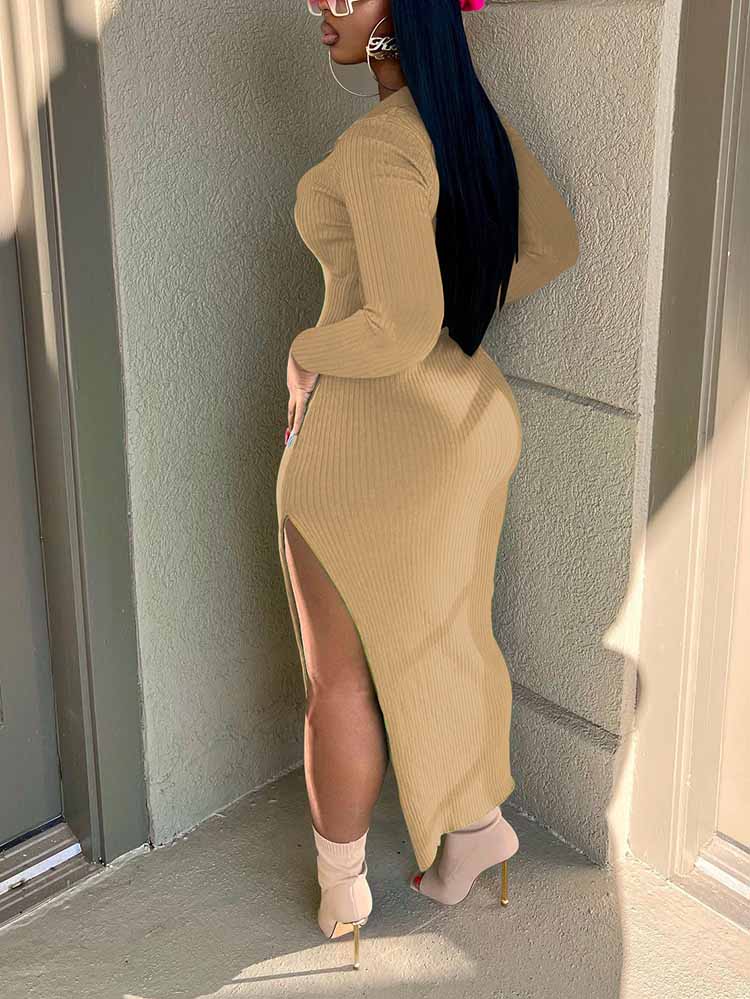 Ribbed Slit Bodycon Midi Dress
