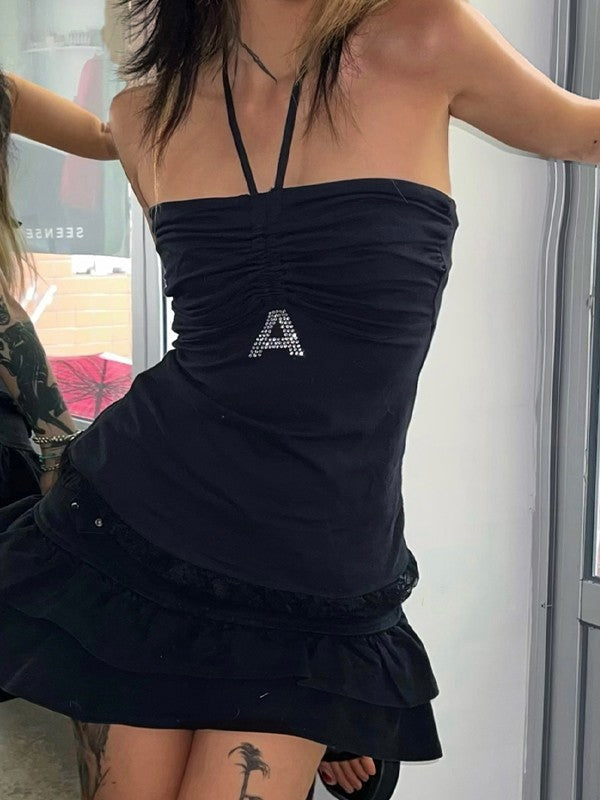 Rhinestone Letter Black Halter Tube Top