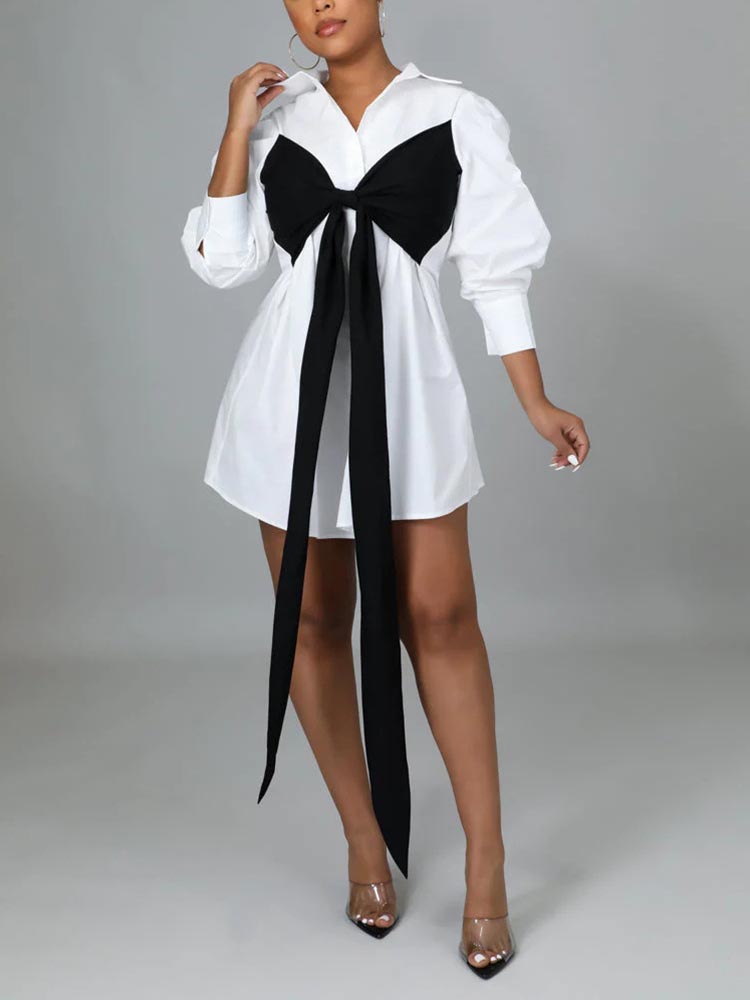 Lace Up Bow Shirt Mini Dress