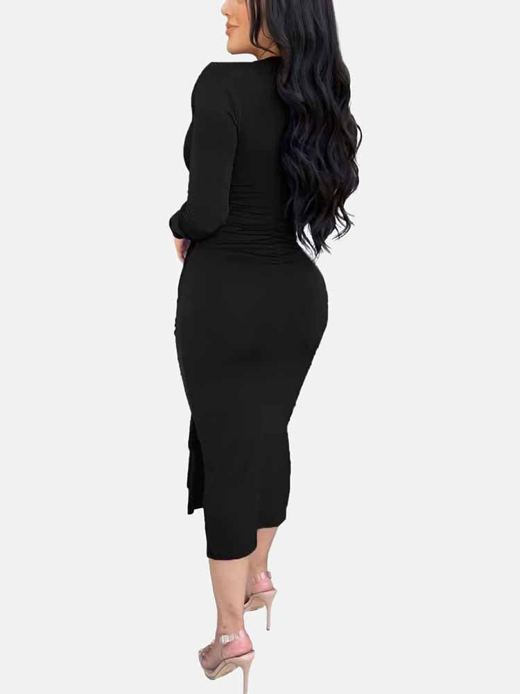 V Neck Tie Front Ruched Dress