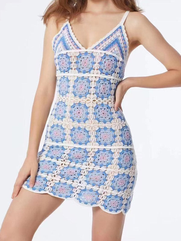 V Neck Crochet Knit Mini Dress