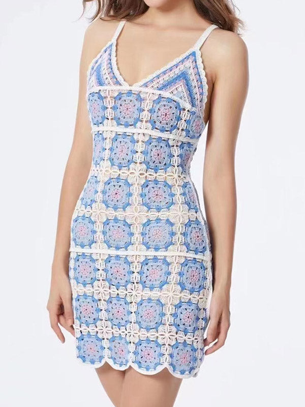 V Neck Crochet Knit Mini Dress