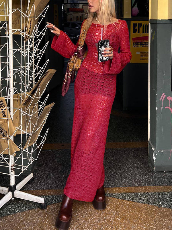 Crochet Hollow Backless Long Sleeve Cover Up Maxi Dress