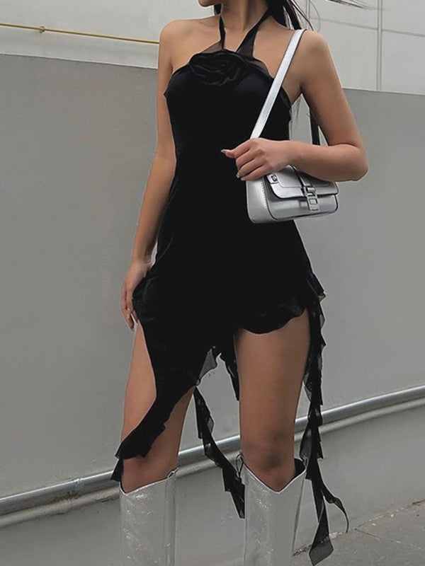 Flower Embellish Asymmetric Halter Mini Dress