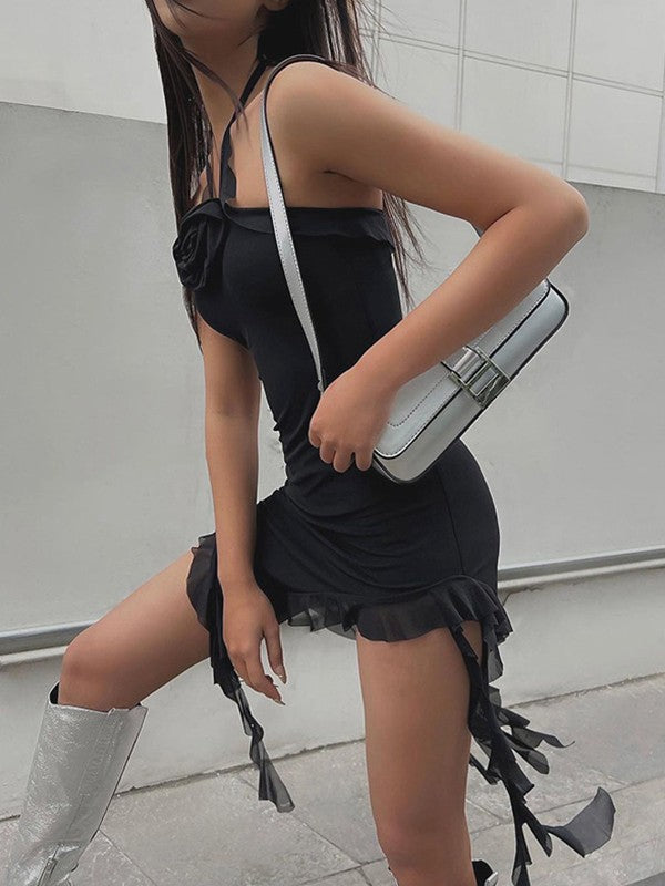Flower Embellish Asymmetric Halter Mini Dress