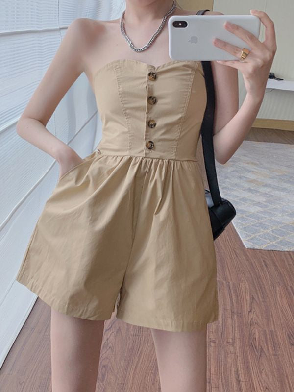Shirred Back Button Strapless Romper