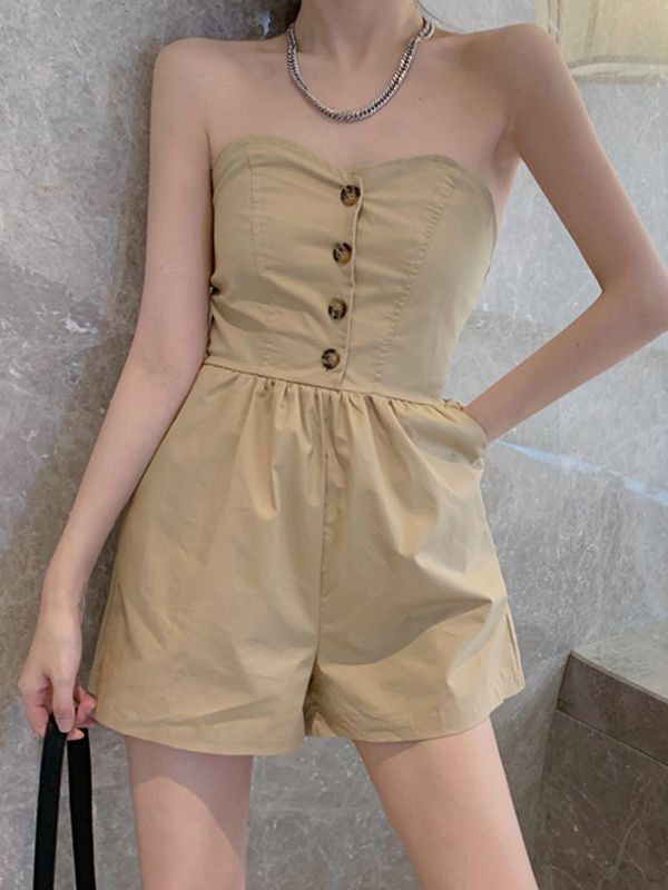 Shirred Back Button Strapless Romper