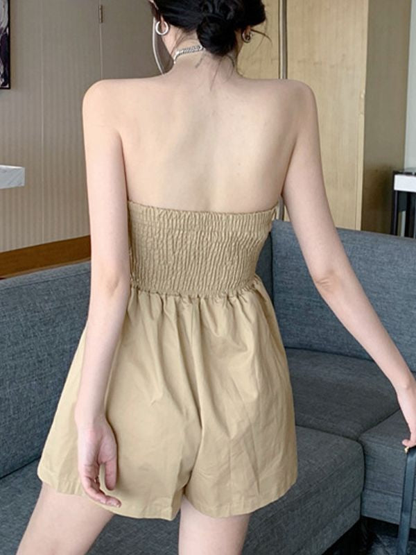 Shirred Back Button Strapless Romper