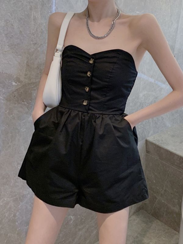 Shirred Back Button Strapless Romper