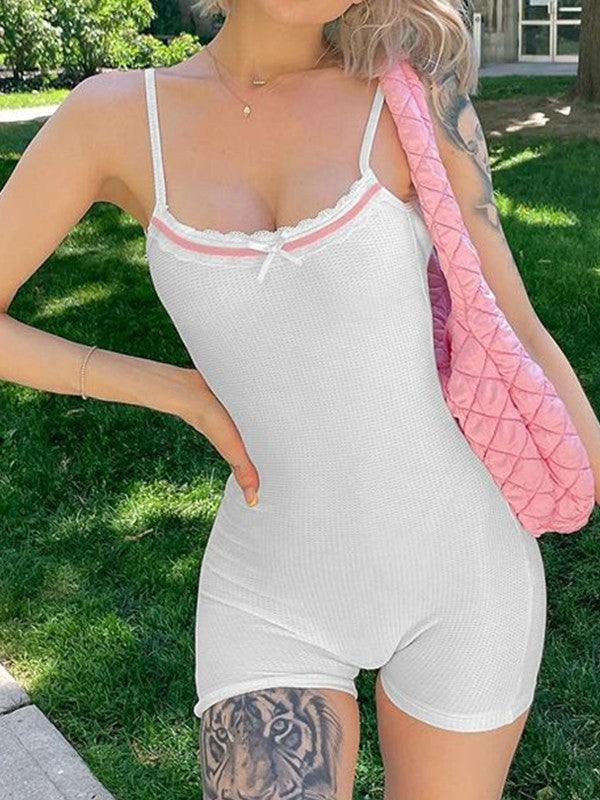 Lace Trim Backless Cami Romper