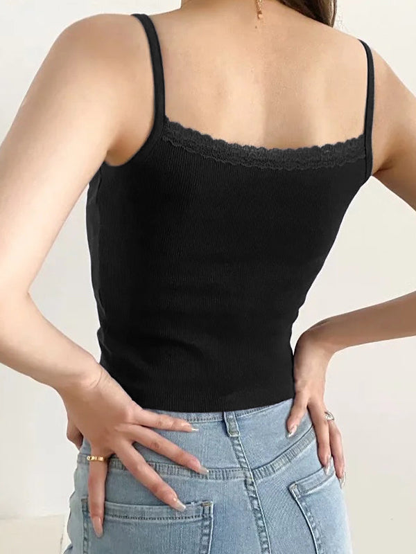 Lace Trim Solid Color Crop Cami Top