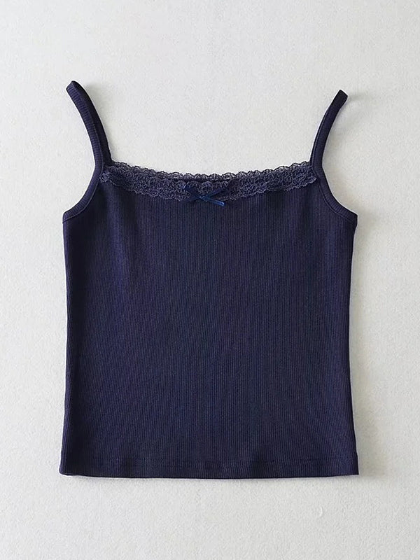 Lace Trim Solid Color Crop Cami Top