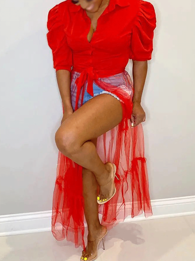 V-neck Shirt Mesh Patchwork Dress