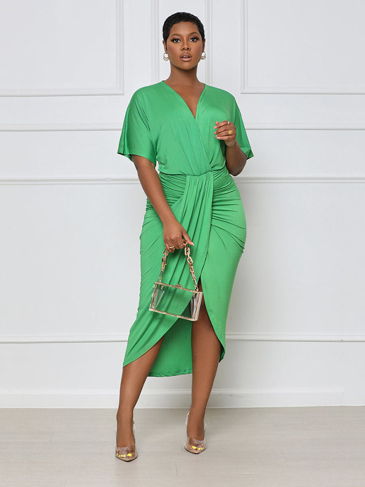 V Neck Ruched Midi Dress