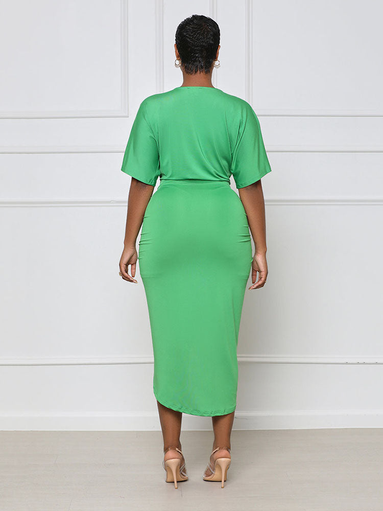 V Neck Ruched Midi Dress