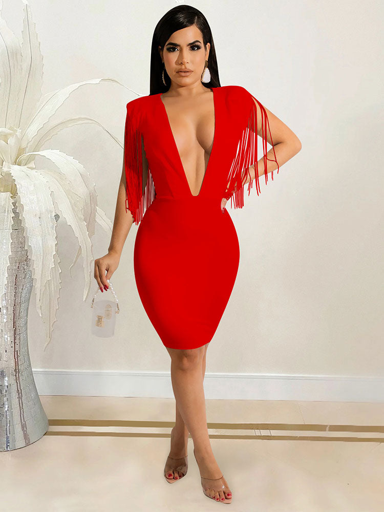 Deep V Neck Tassels Bodycon Mini Dress