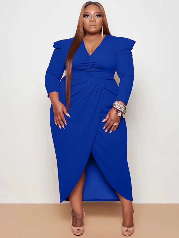 V Neck Solid Color Midi Dress