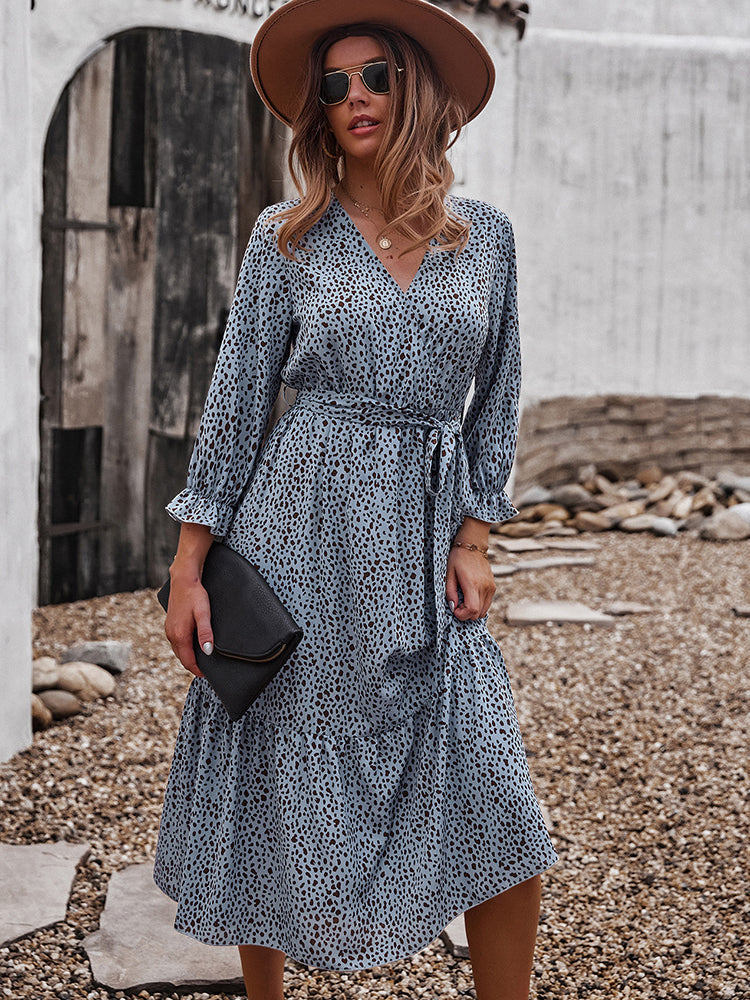 V Neck Boho Ruffle Flowy Midi Dress