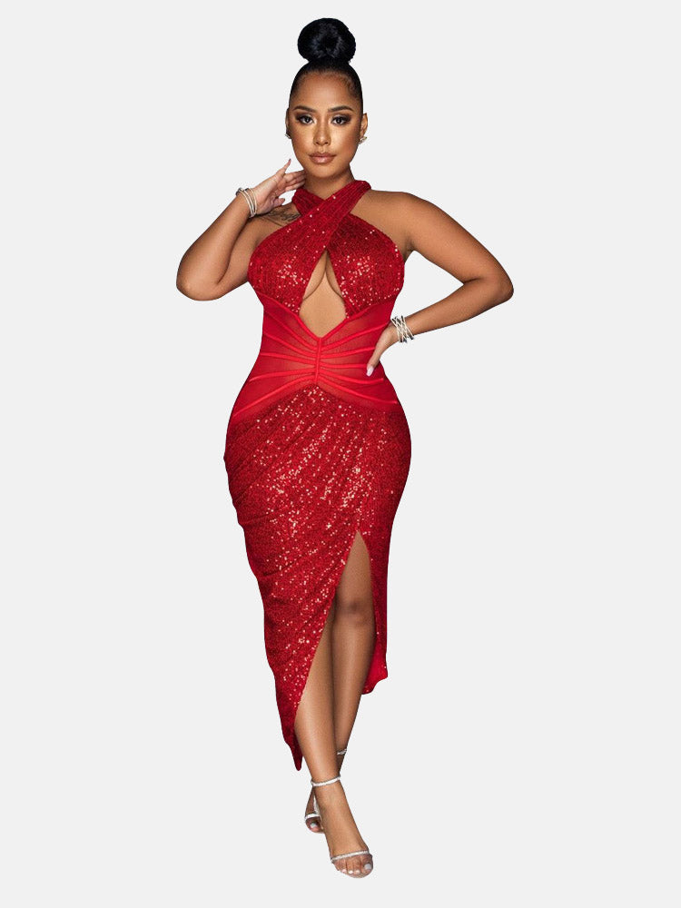 Sequin Halter Cut Out Slit Midi Dress