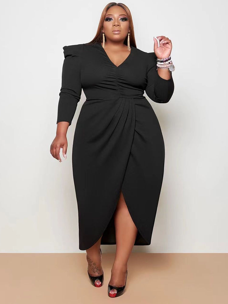 V Neck Solid Color Midi Dress