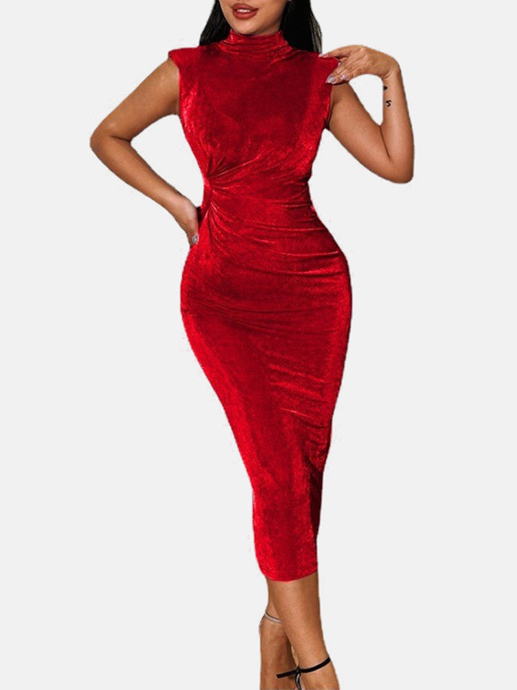 Ruched High Collar Shoulder Maxi Dress