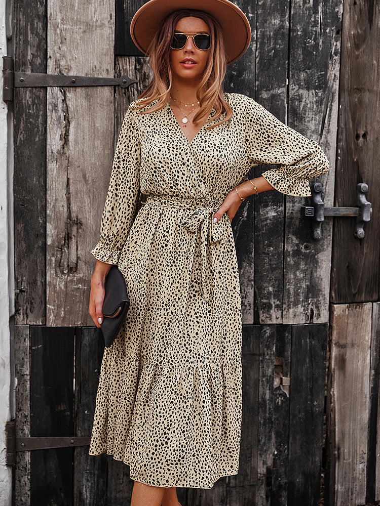 V Neck Boho Ruffle Flowy Midi Dress