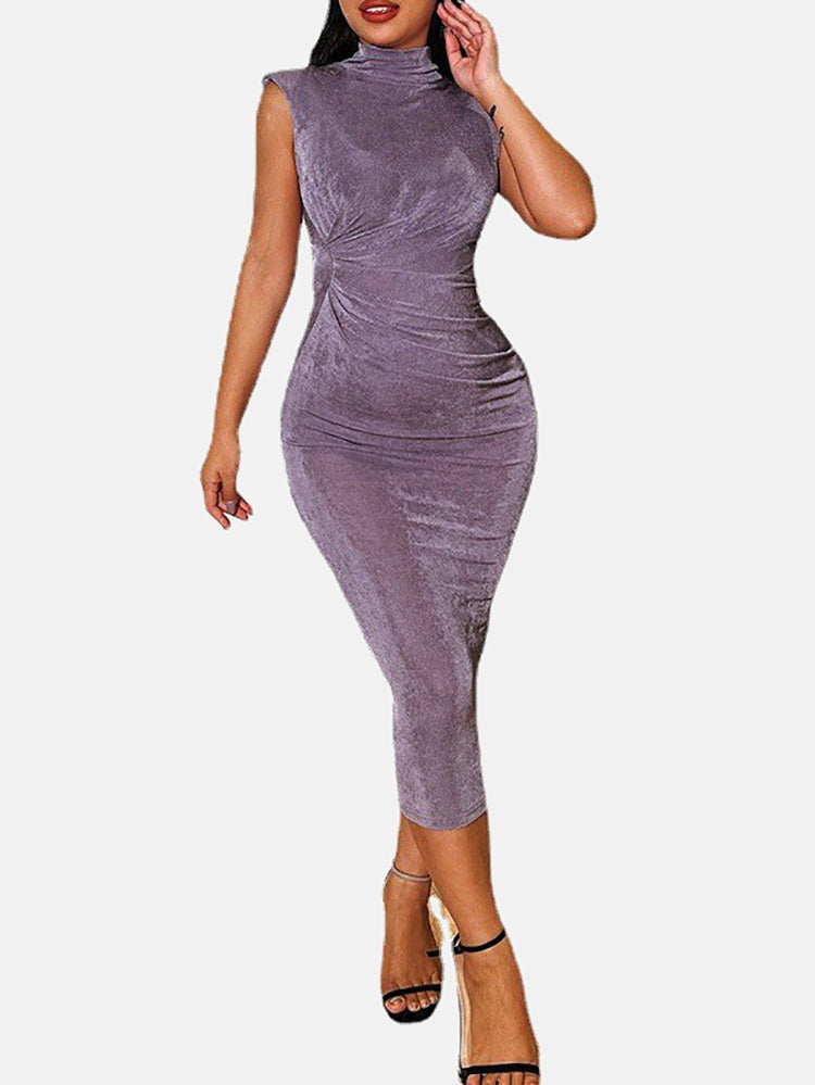 Ruched High Collar Shoulder Maxi Dress