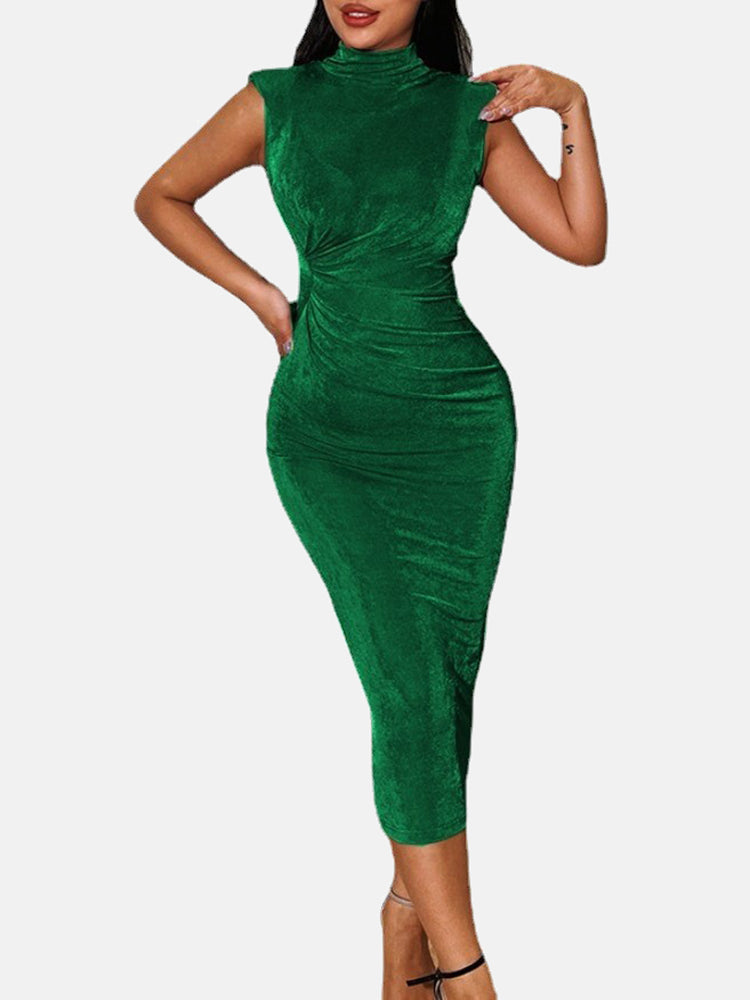 Ruched High Collar Shoulder Maxi Dress