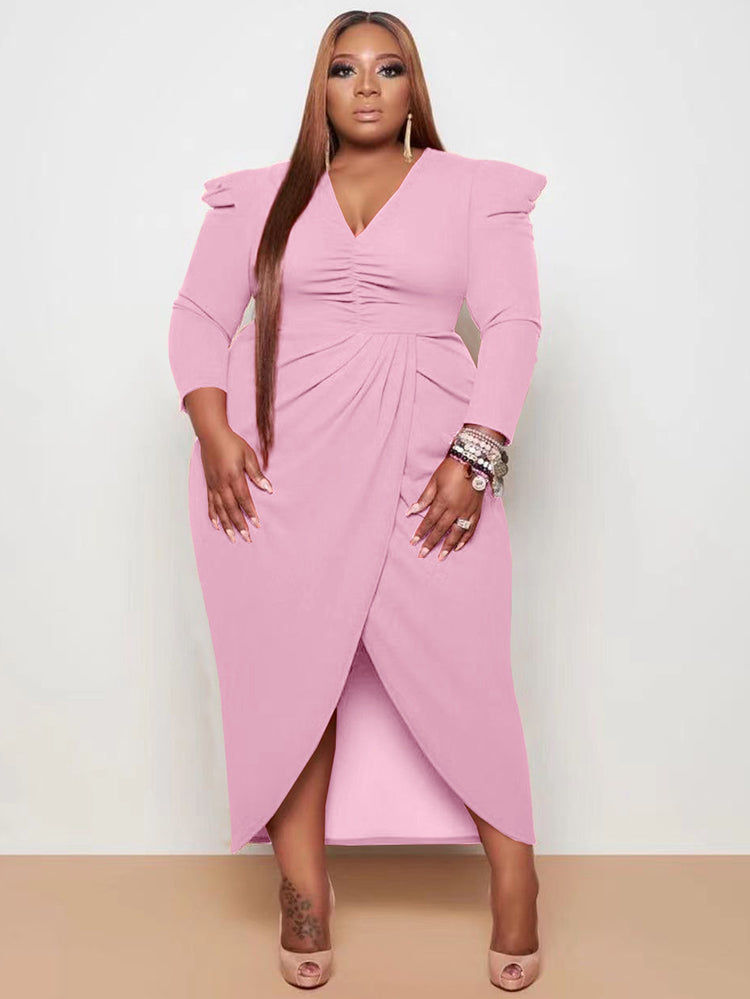 V Neck Solid Color Midi Dress